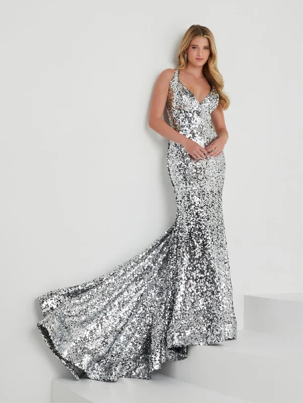 Party High Neck Evening Dress-Sequin Halter V-Neck Mermaid Dress by Tiffany Designs 16021