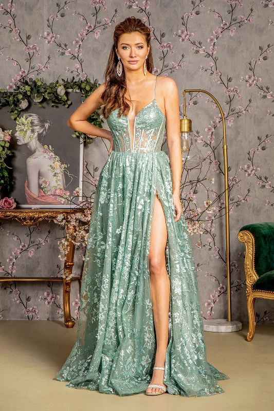 Geometric Evening Dress-Sequin Print Sleeveless A-line Slit Gown by GLS Gloria GL3254