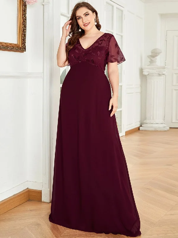 Long Sleeve Summer Maxi Dresses-Plus Size V Neck Long Empire Formal Dresses with Sleeves