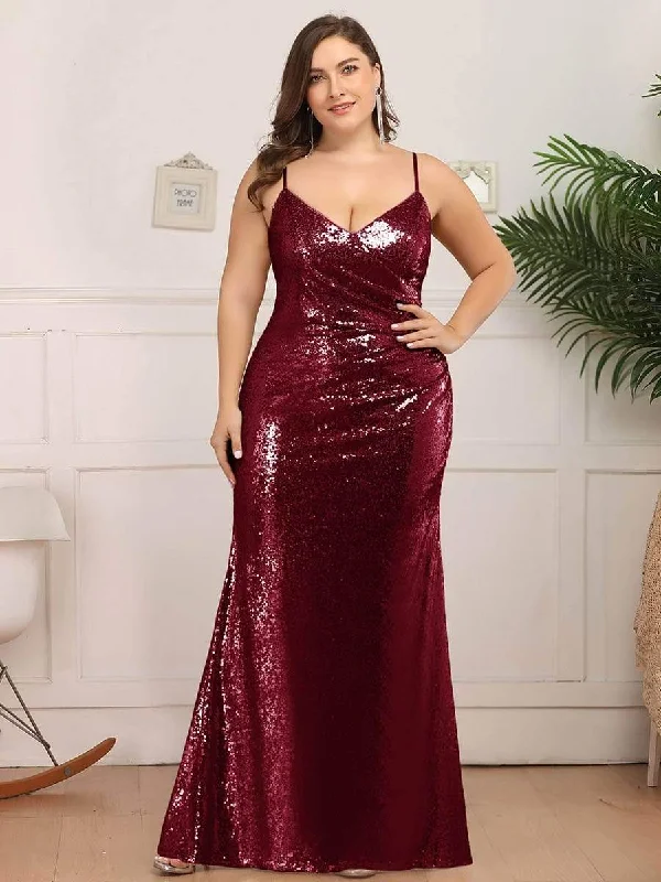 Plus Size Formal Maxi Dresses-Plus Size Sparkly Sequin Long Mermaid Formal Party Dresses