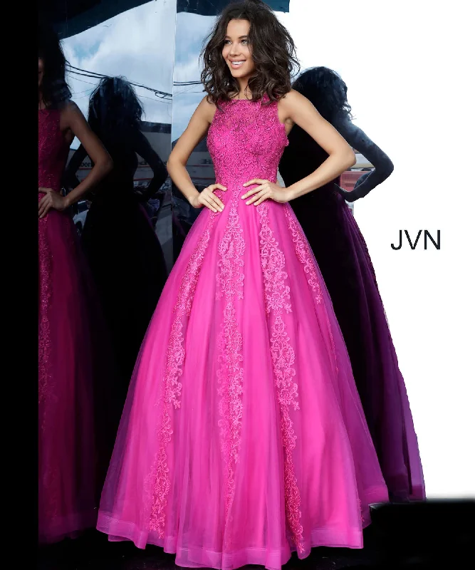 High Neck Lace Evening Dress-Tulle Sleeveless A-line Gown by Jovani 59046