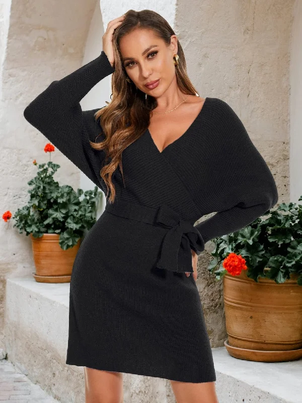 High Neck Club Maxi Dresses-V-Neck Wrap Long Dolman Sleeve Knit Bodycon Sweater Dress