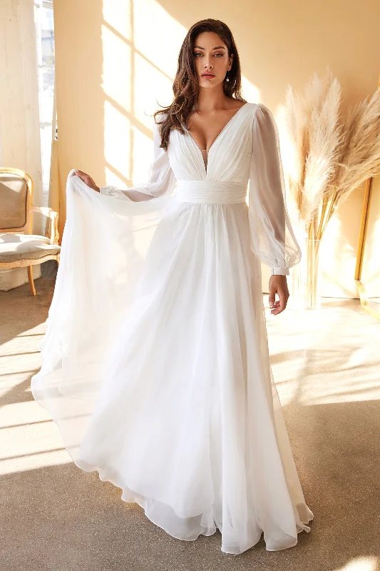 Wedding One Shoulder Evening Dress-White Long Sleeve Chiffon Gown by Cinderella Divine CD0192W