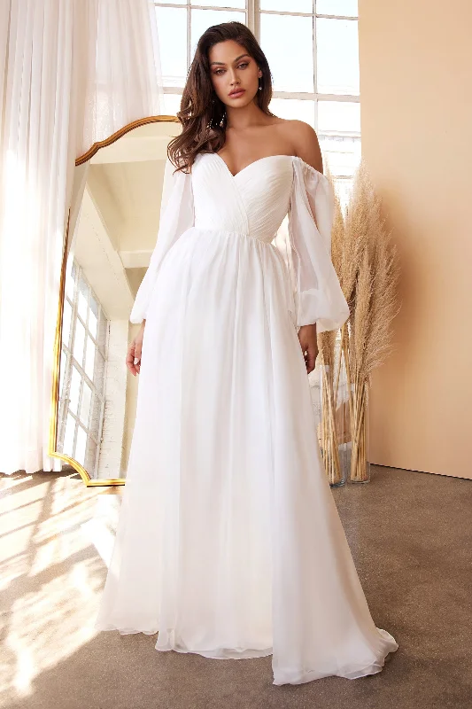 Short Silver Evening Dress-White Long Sleeve Chiffon Gown by Cinderella Divine CD243W