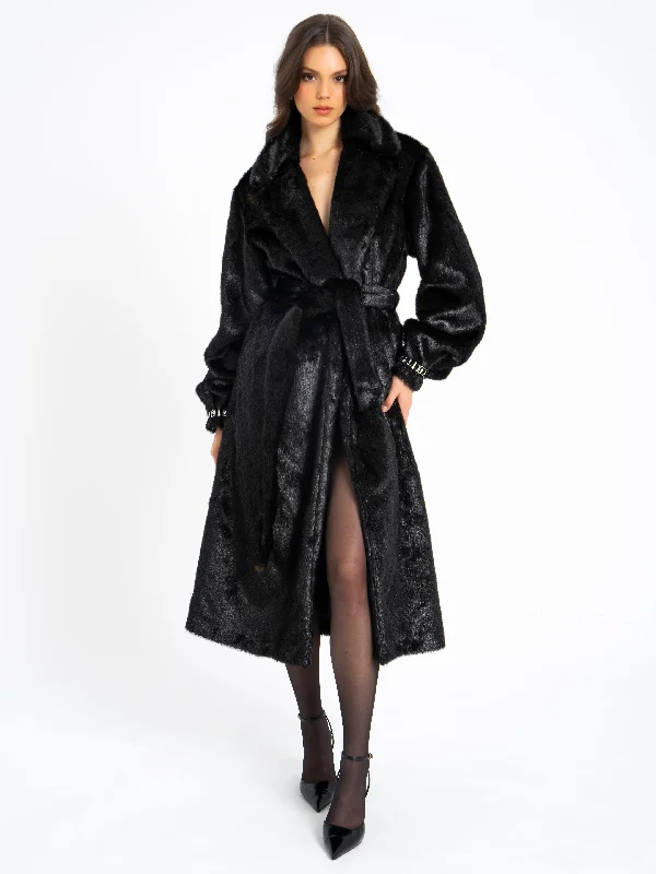 Chiffon Party Maxi Dresses-Yahia Black Vegan Long Faux Mink Coat