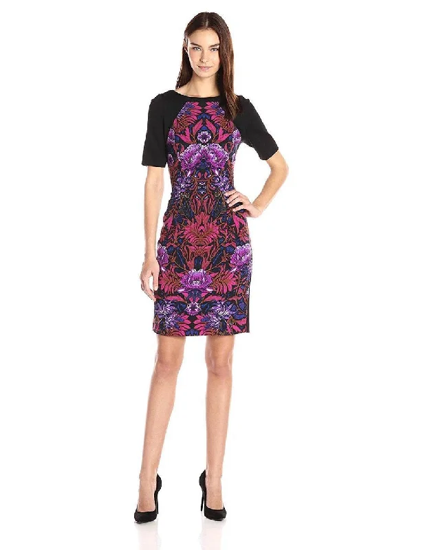 Lace Halter Cocktail Dress-Adrianna Papell - Graphic Floral Color Block Sheath Dress AP1D100057 - 1 pc Pink Multi In Size 6 Available