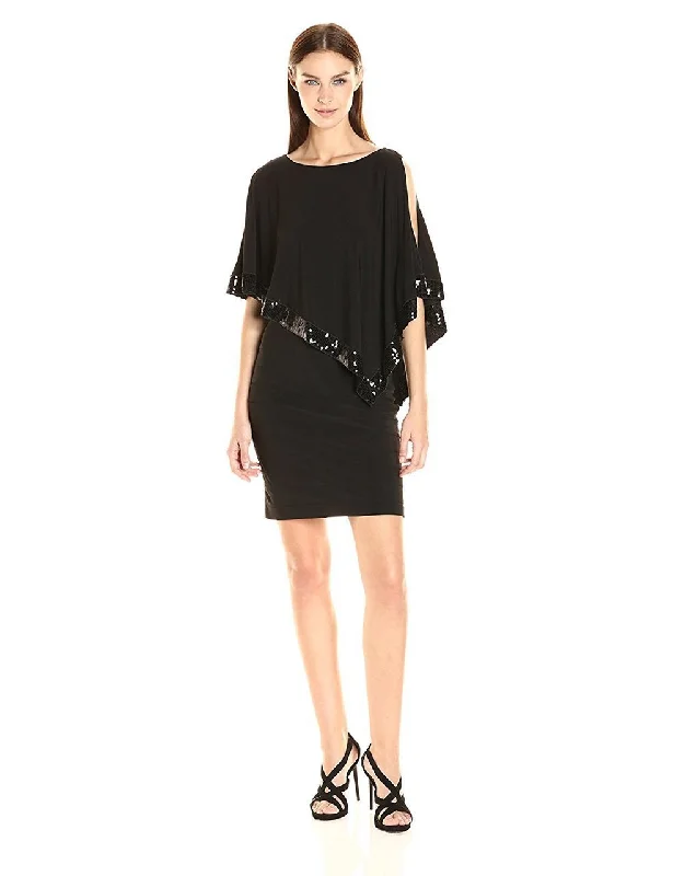 High Neck Silk Cocktail Dress-Adrianna Papell Sequin-Trimmed Cutaway Capelet Dress - 1 Pc Black in Size 6 Available