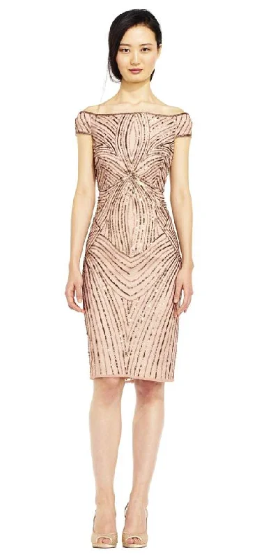 Wedding One Shoulder Cocktail Dress-Adrianna Papell - Sequined Off-Shoulder Sheath Dress AP1E201100