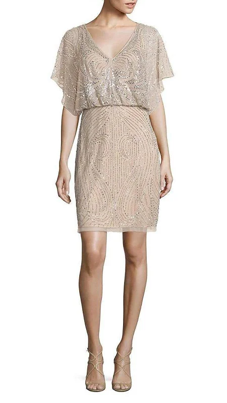 Long Beige Cocktail Dress-Aidan Mattox - Sequined V-Neck Blouson Short Dress MD1E200692 - 1 Pc Silver in Size 0 Available