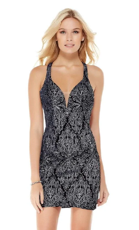 Beaded Maternity Cocktail Dress-Alyce Paris - 4041 Velvet Deep V-neck Sheath Cocktail Dress - 1 pc Navy/Silver In Size 00 Available