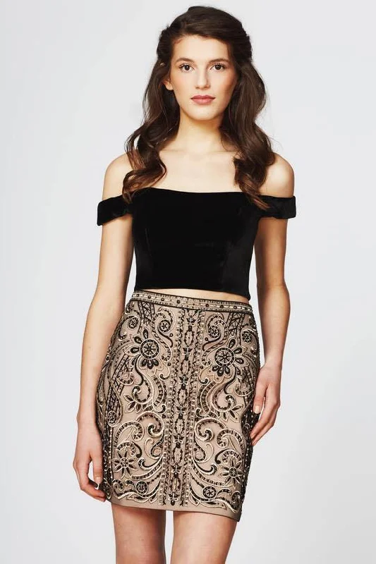 Geometric Teens Cocktail Dress-Angela & Alison - 82060 Two-Piece Velvet Bodice Embroidered Dress