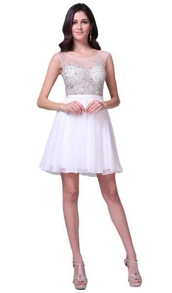 Teens Silver Cocktail Dress-Cinderella Divine - CJ90S Sheer Illusion Neckline Beaded Chiffon Cocktail Dress - 1 pc Off White In Size 8 Available