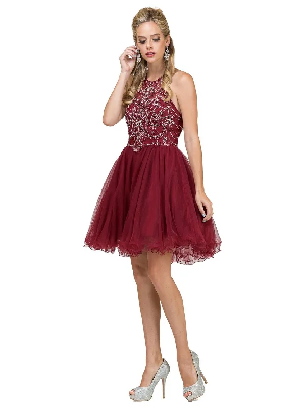 Polka Dot Short Cocktail Dress-Dancing Queen 2102 Halter Embellished Tulle Cocktail Dress