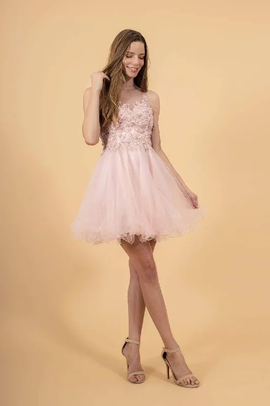 Teens Short Cocktail Dress-Elizabeth K - GS1607 Embroidered Bodice Illusion Tulle Cocktail Dress