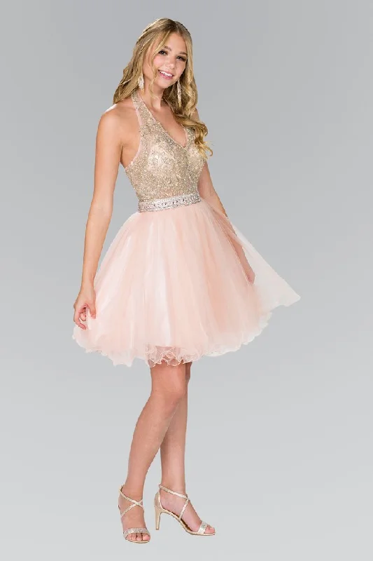 High Neck Silk Cocktail Dress-Elizabeth K - GS2382 Gold Applique Halter V-neck Tulle A-line Dress