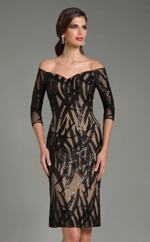 Long Beige Cocktail Dress-Feriani Couture Beaded Print Off Shoulder Cocktail Dress - 1 pc Black/Nude In Size 16 Available