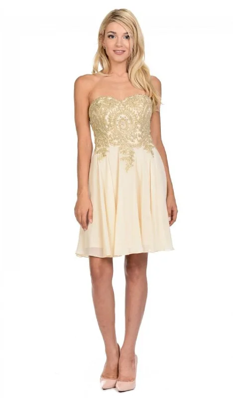 Maternity Mini Cocktail Dress-Lenovia - 8110 Gold Embroidered Strapless Cocktail Dress