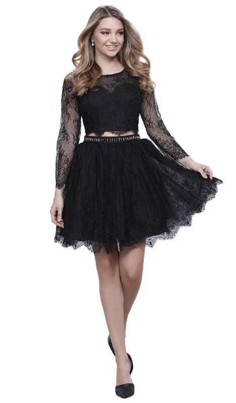 Sequin Pink Cocktail Dress-Nox Anabel - 6268 Two Piece Lace Long Sleeve Short Party Dress