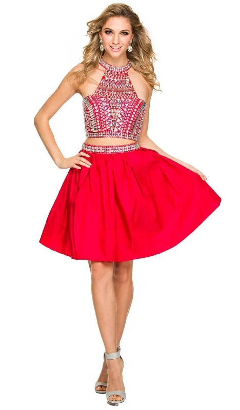 Teens Short Cocktail Dress-Nox Anabel - 6053 Gem Embellished Halter Two-Piece Cocktail Dress