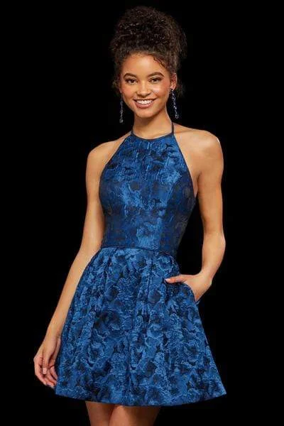 High Neck Yellow Cocktail Dress-Sherri Hill - Halter Neck Short Dress 53070 - 1 pc Navy Print In Size 6 Available