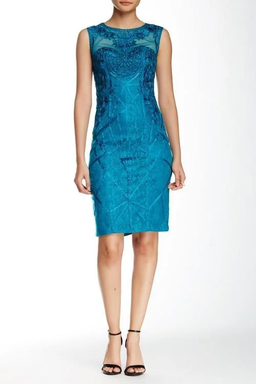 Floral Halter Cocktail Dress-Sue Wong Bateau Neck Embroidered Cocktail Dress in Teal N5307