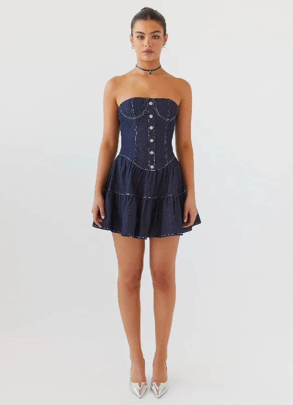 Backless Summer Mini Dresses-Adriana Denim Bustier Dress - Indigo