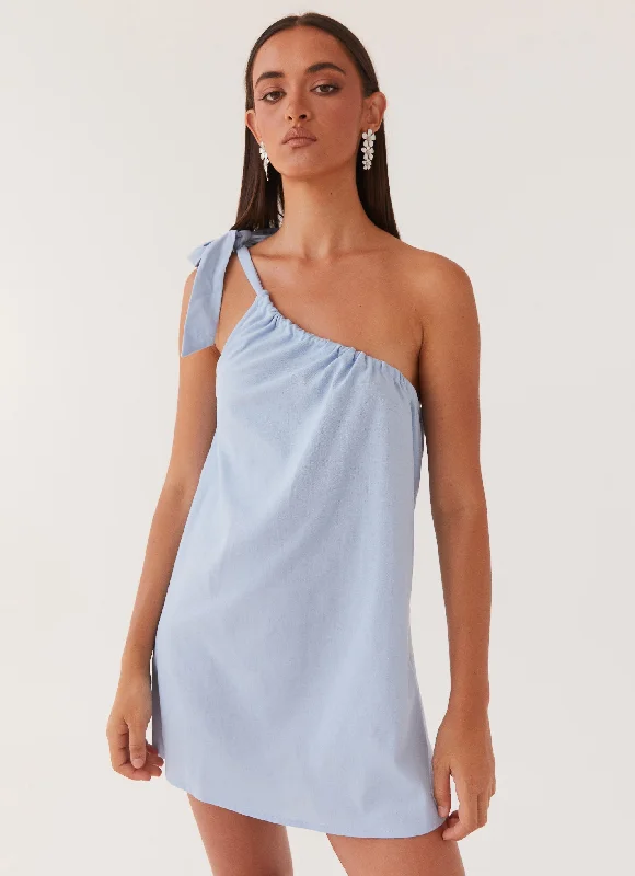 High Neck Work Mini Dresses-Art Of Waves Linen Mini Dress - Cerulean