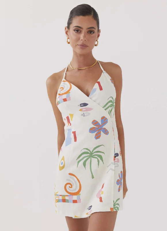 Women Club Mini Dresses-At Last Sunrise Wrap Linen Mini Dress - Summer Palm