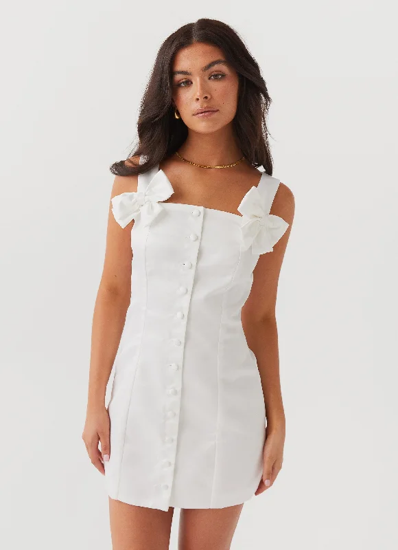 Denim Vintage Mini Dresses-Brielle Bow Satin Mini Dress - White