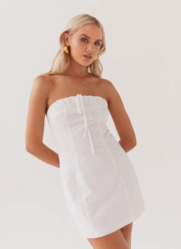 Knit Boho Mini Dresses-Bronwyn Broderie Mini Dress - White