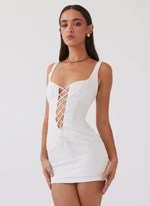 Satin V Neck Mini Dresses-Casey Lace Up Mini Dress - White