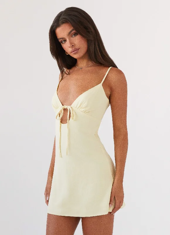 Sequin Mini Dresses-Flora Linen Mini Dress - Lemon