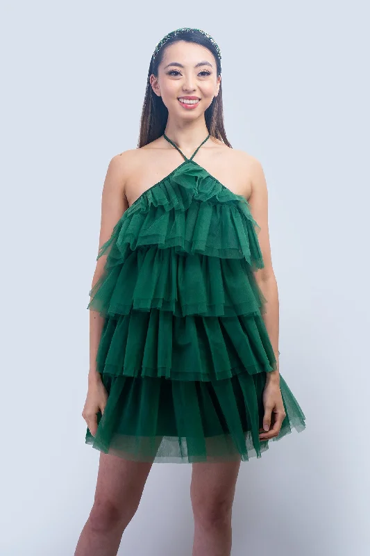 Leather Boho Mini Dresses-Hunter Green Halter Neck Tulle Ruffle Mini Dress