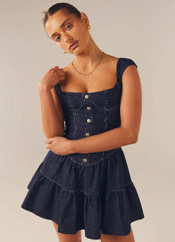 Silk Black Mini Dresses-Isabella Denim Bustier Dress - Indigo