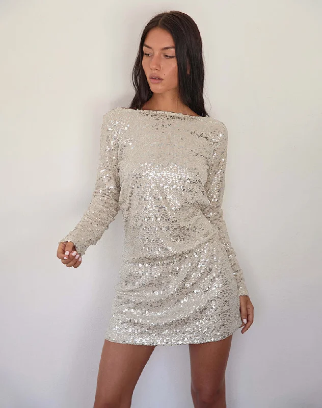 High Neck Boho Mini Dresses-Jasilia Long Sleeve Mini Dress in Neutral Sequin