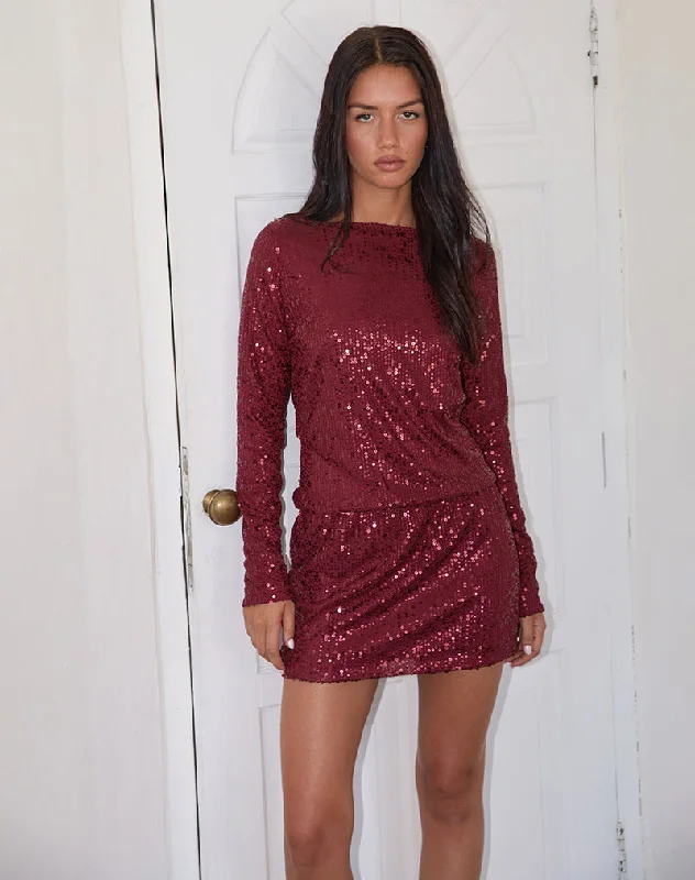 Leather Vintage Mini Dresses-Jasilia Long Sleeve Mini Dress in Gauzy Sequin Red