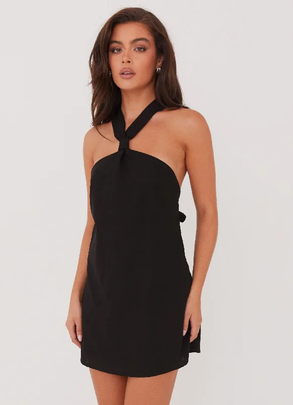 Halter Date Mini Dresses-Keira Linen Mini Dress - Black