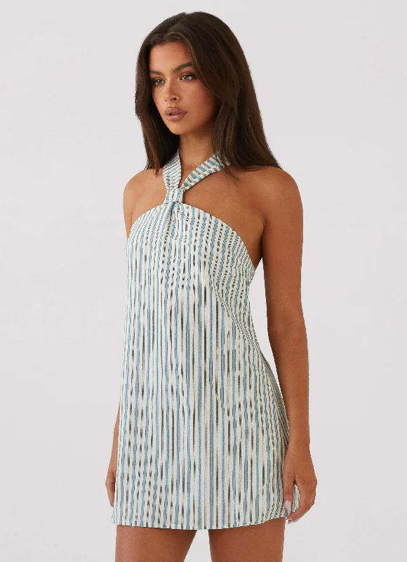 Embroidered Mini Dresses-Keira Linen Mini Dress - Blue Choc Stripe