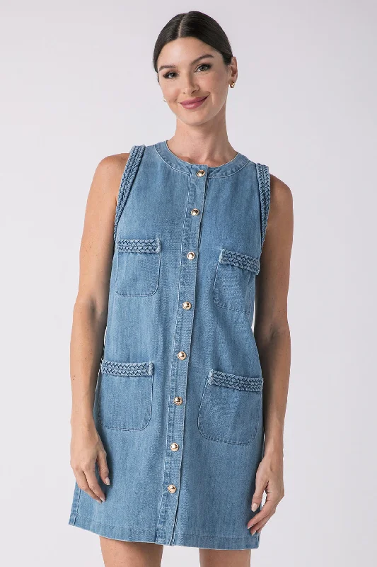 Knit Mini Dresses-Lalavon Braided Denim Pocket Front Sleeveless Mini Dress