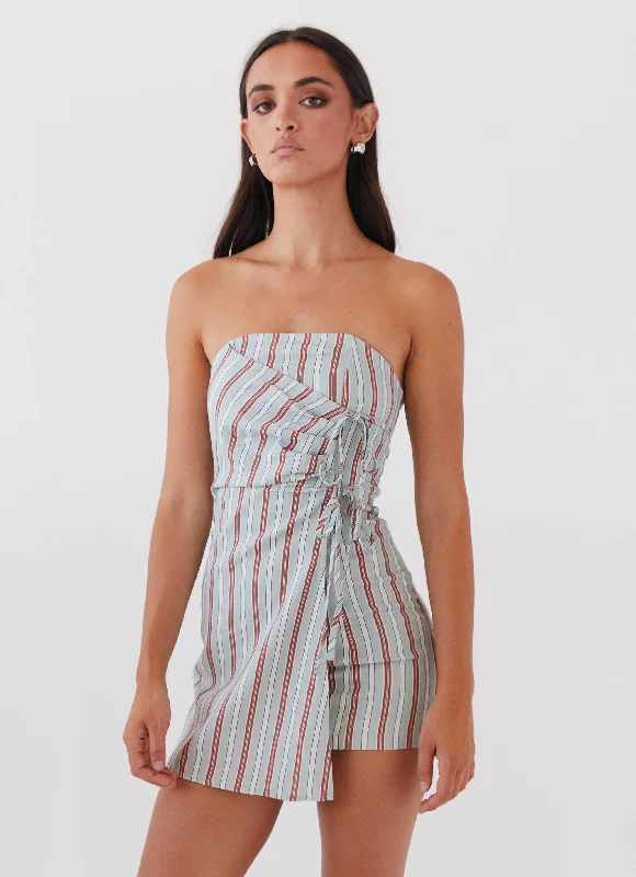 Maternity Beach Mini Dresses-Lavinia Linen Tube Mini Dress - Coastal Stripe