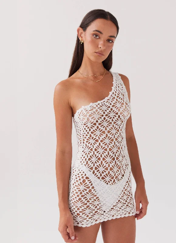 Winter White Mini Dresses-Linera Crochet Mini Dress - White