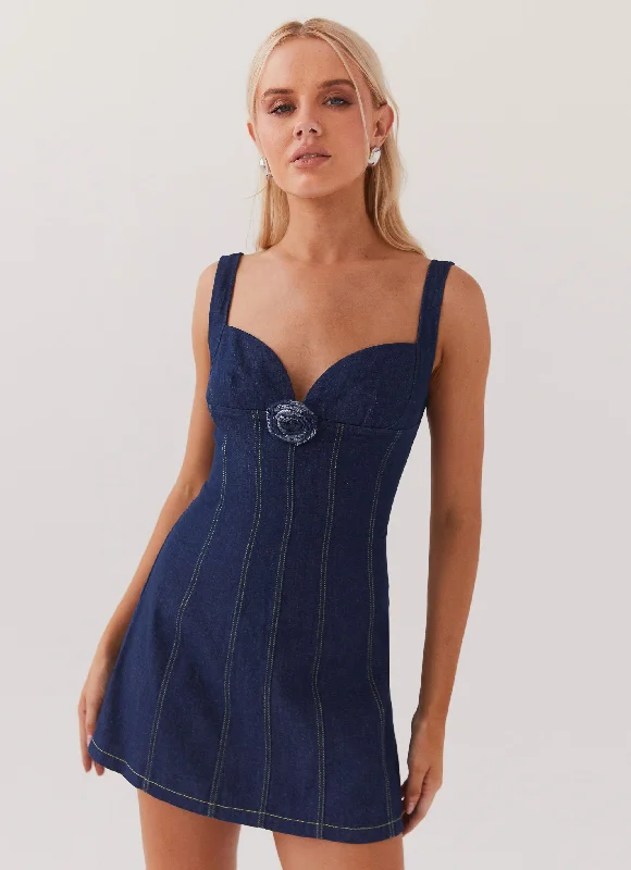 Red Mini Dresses-Rosalia Denim Mini Dress - Indigo