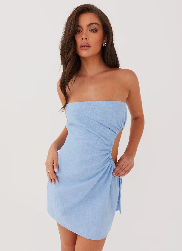 One Shoulder Club Mini Dresses-Rosella Linen Mini Dress - Blue