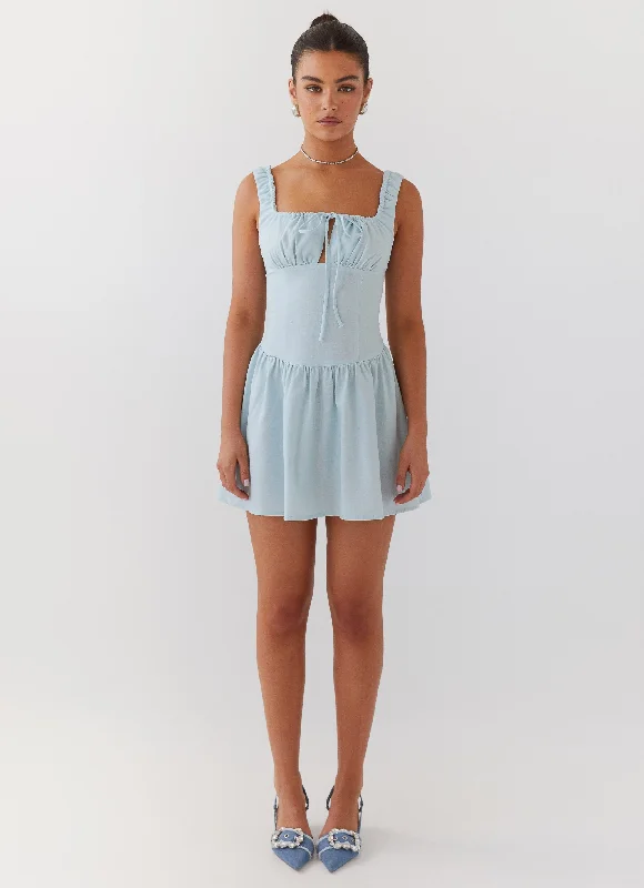 Trendy Summer Mini Dresses-Velvet Skies Linen Mini Dress - Powder Blue